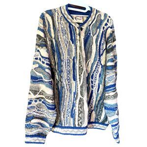 COOGI Cable Sweater Men L Blue Green Linen Cotton Vibrant 90s 3D Hiphop Boxy